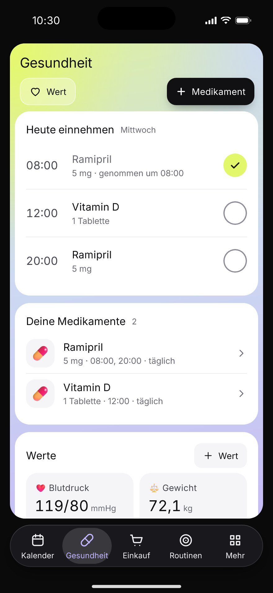Strive auf dem iPhone: Gesundheit: Heute einnehmen, Ramipril um 08:00 abgehakt
